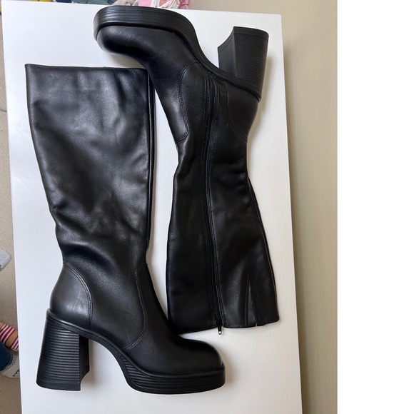 Steve Madden Fanatik Black Leather Square Toe Platform Block Heel Boots 10M NWOT - Picture 2 of 8